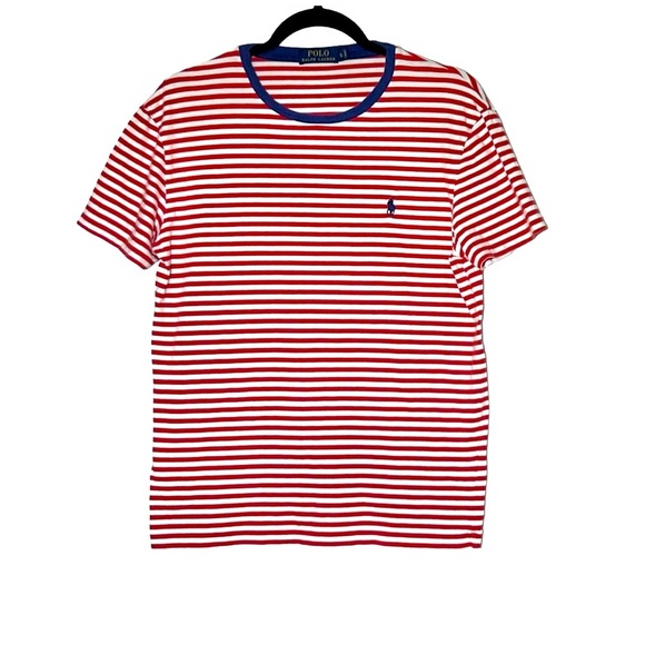 Polo Ralph Lauren Red & White Striped Crewneck Shirt w/ Blue Collar Trim, Small - Picture 1 of 10